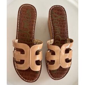 Sam Edelman Women s Regis Cork Wedge Heel Sandals Patent Leather Almond Size 8